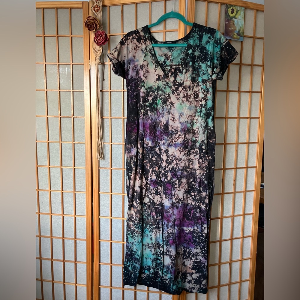 HAND DYED Reverse Dye Forever 21 Cotton T-Shirt Maxi Dress With Pockets & Slits